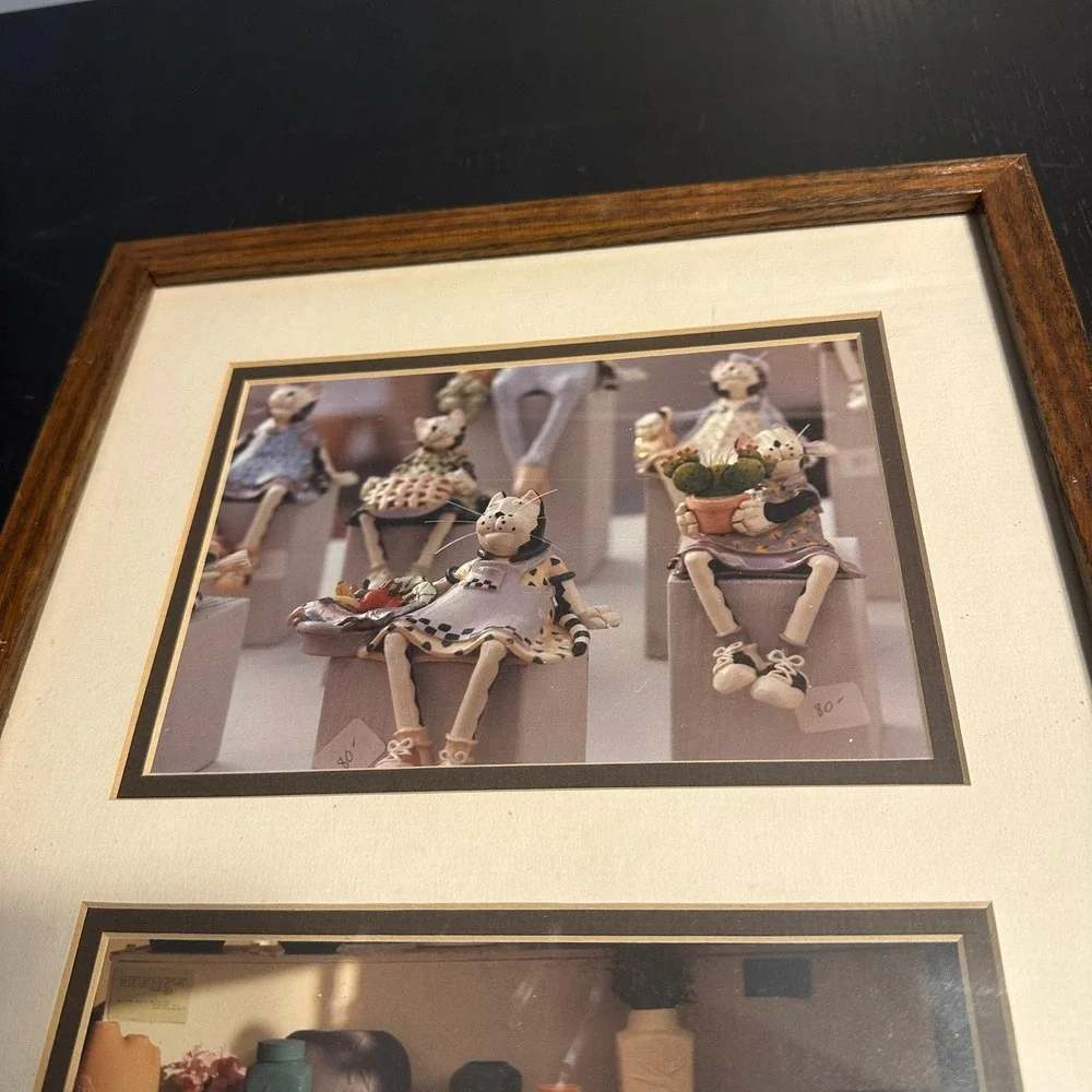 Vintage Triptych Framed Art Pottery Baskets Cat Dolls Wood Frame Wall Decor